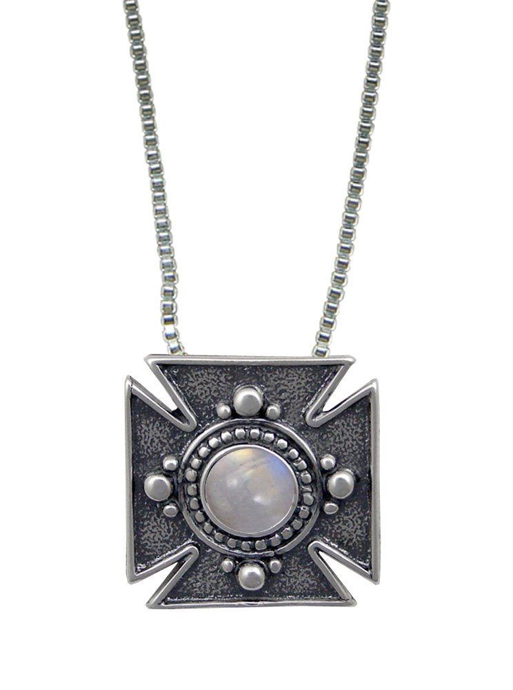 Sterling Silver Iron Cross Pendant Necklace With Rainbow Moonstone